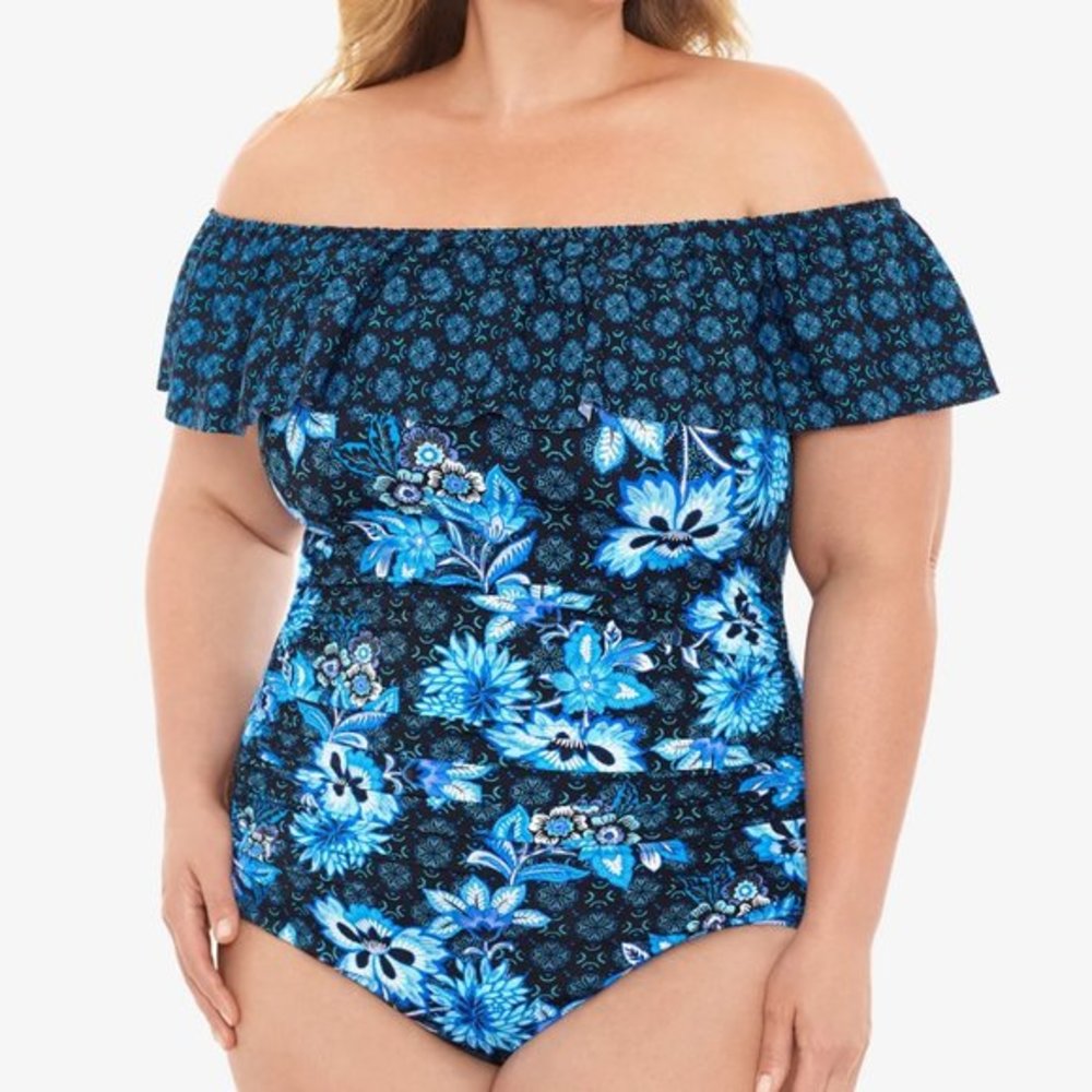 Swim Solutions Ruffled Off-the-Shoulder One-Piece Swimsuit Hideaway‎ Navy 22W